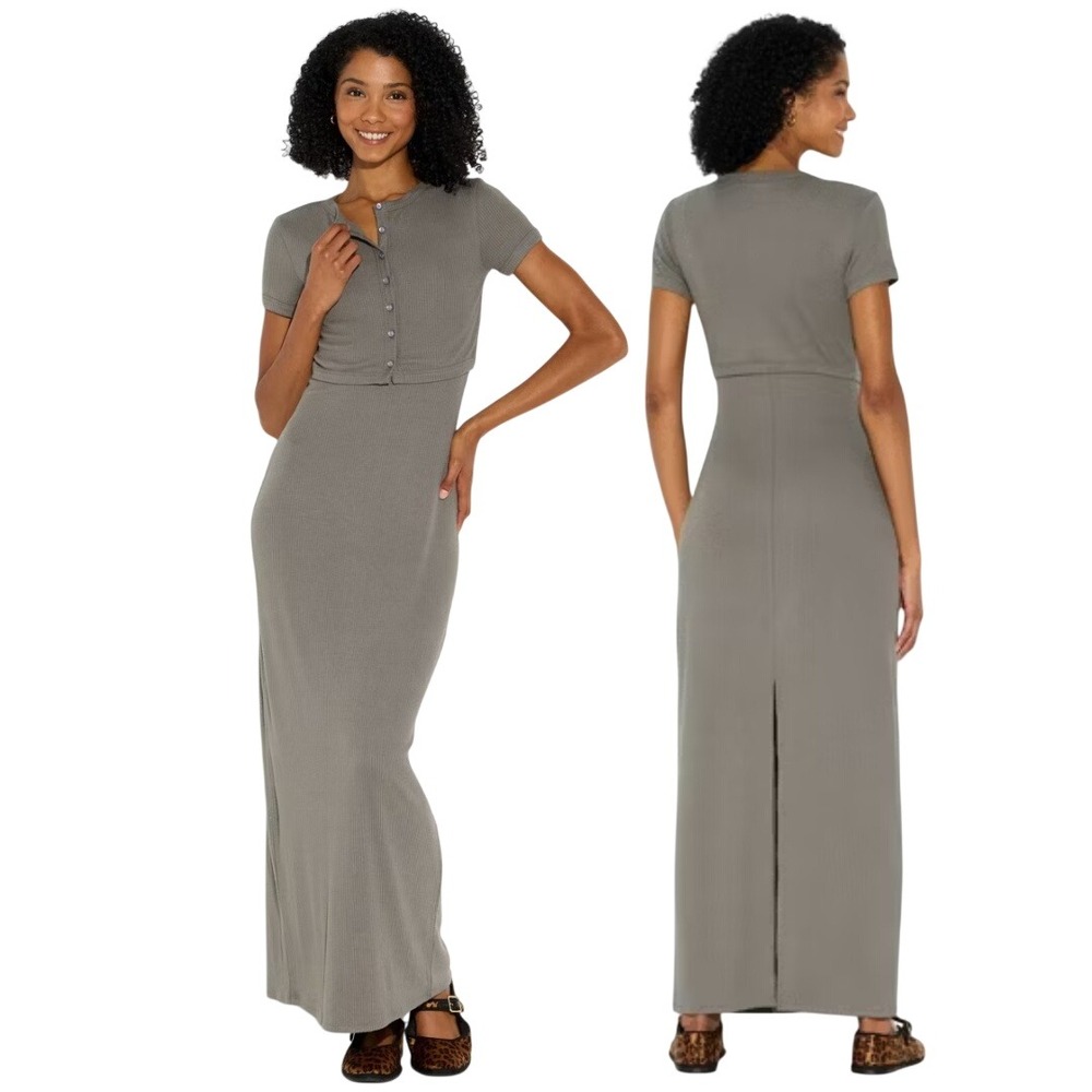 Wild Fable Women's Taupe Ribbed 2pc Maxi Dress and‎ Cardigan Set Size XL